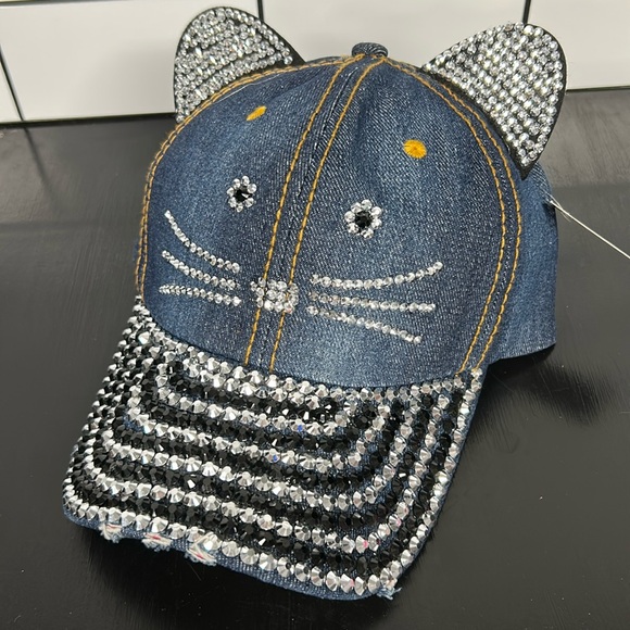 New Women's Cat Ear Rhinestone & Blue Bling Baseball Cap Adjustable Fashion Hat - Picture 1 of 6